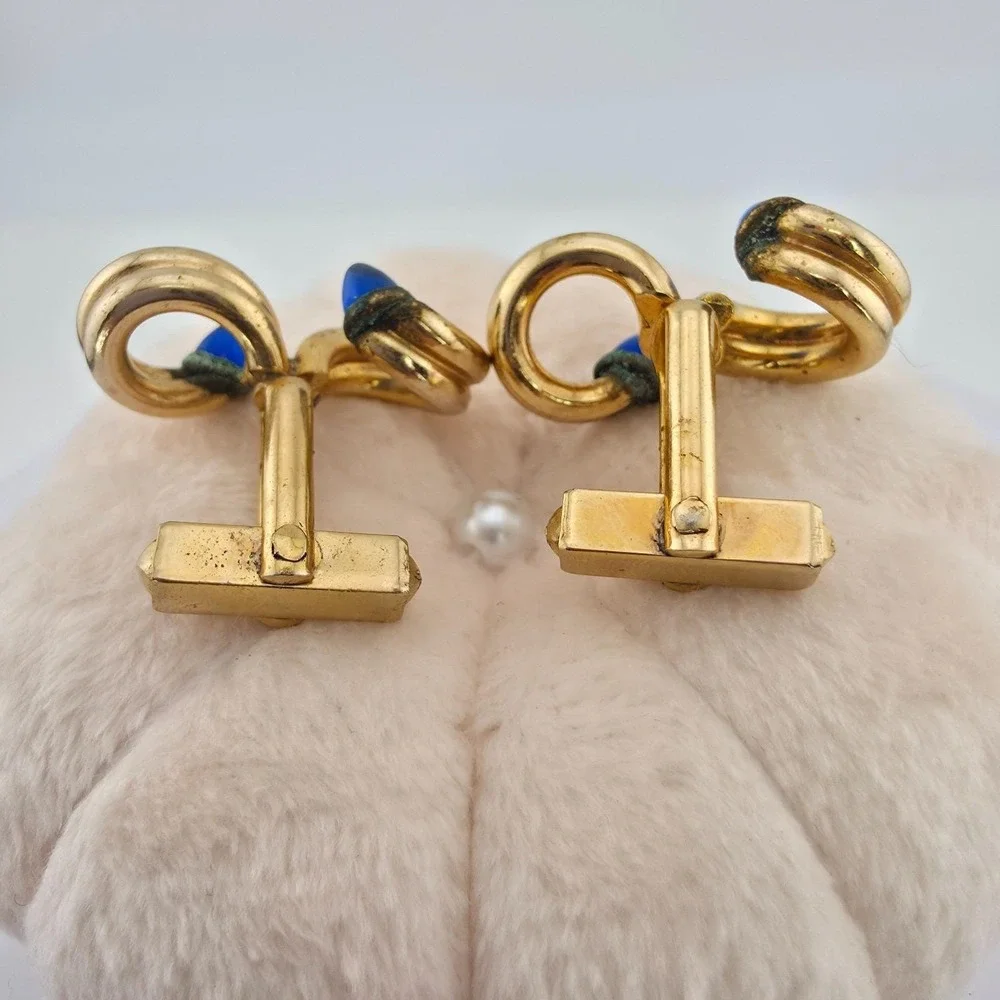 Vtg 80 Yr Old Swirled Cufflinks Blue Glass Accents Swirling Knot Gold Plate